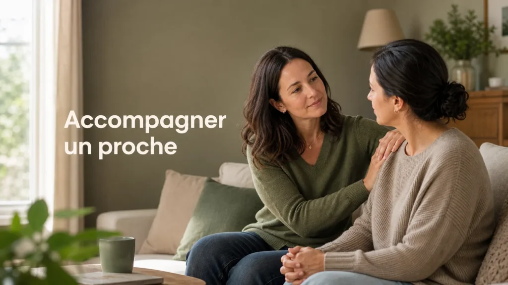 Deux adultes côte à côte dans un salon chaleureux, l'un soutenant l'autre avec douceur