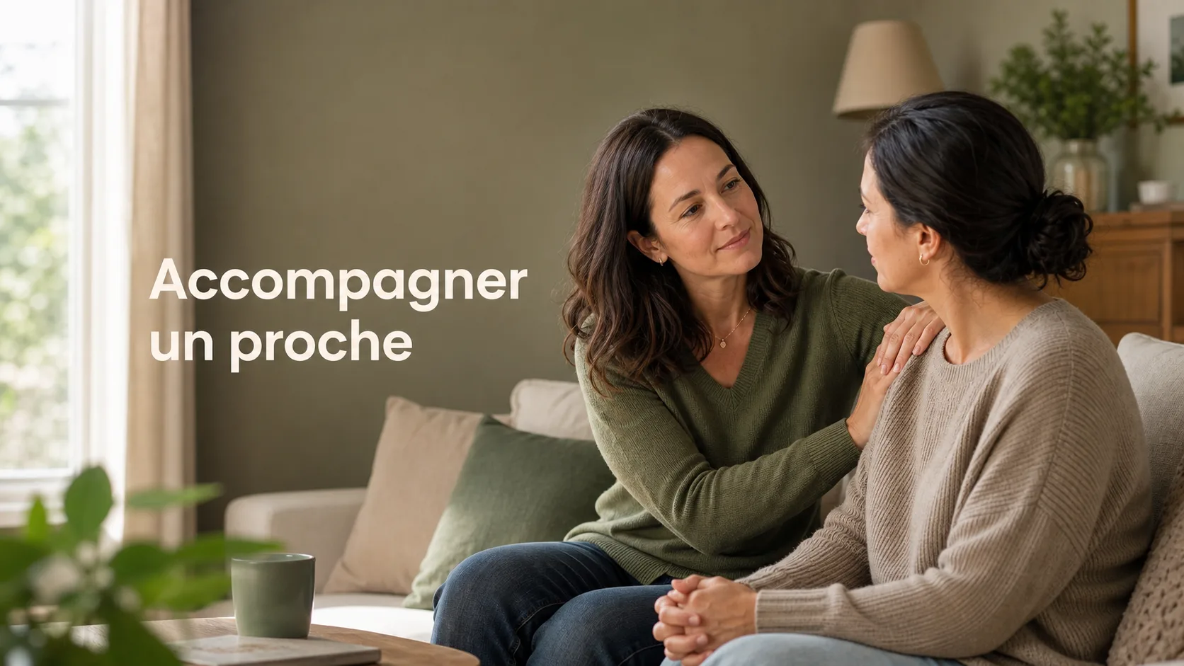 Deux adultes côte à côte dans un salon chaleureux, l'un soutenant l'autre avec douceur