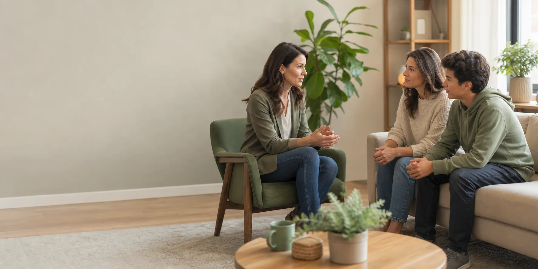 Psychoéducatrice en conversation avec un parent et un adolescent
