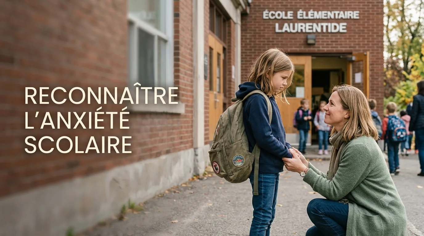 Parent rassurant son enfant inquiet devant l'école
