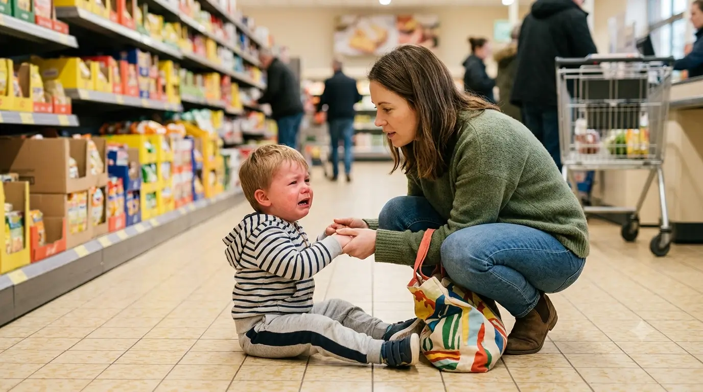 Une mère réconforte calmement son jeune enfant en pleine crise de colère dans une allée d'épicerie