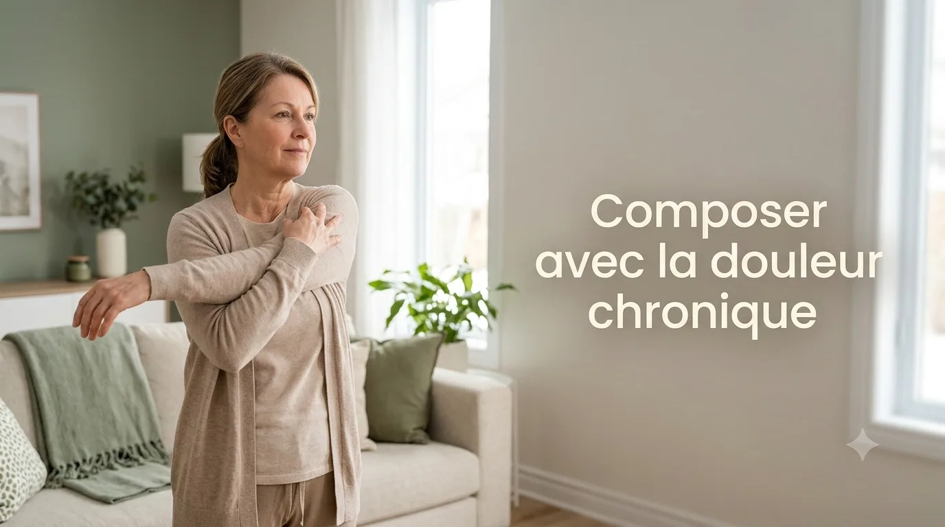 Un adulte s'étire doucement à la maison, reprenant le mouvement malgré une douleur chronique