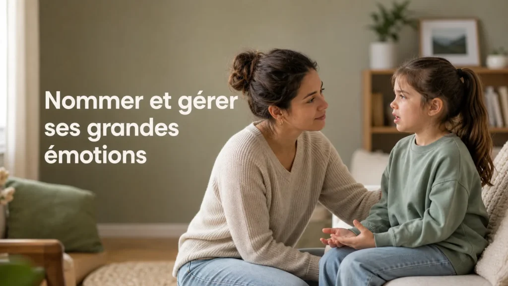 Un parent accroupi à hauteur de son jeune enfant, à l'écoute, dans une ambiance douce