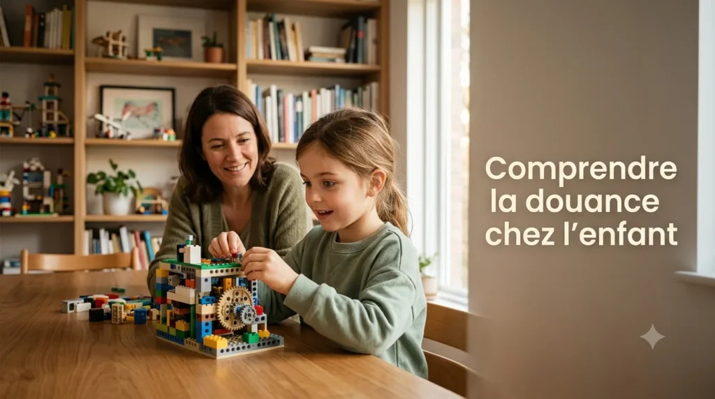 Un enfant curieux absorbé dans une découverte, sous le regard bienveillant d'un parent