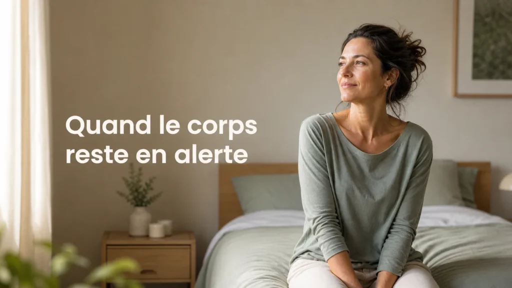 Une chambre douce au petit matin, un adulte reposé qui retrouve peu à peu un sommeil apaisé