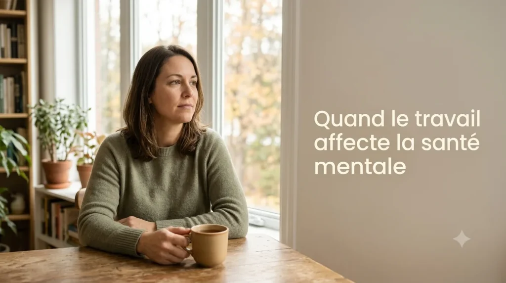 Un adulte pensif mais apaisé, assis près d'une fenêtre lumineuse, prenant un temps pour soi