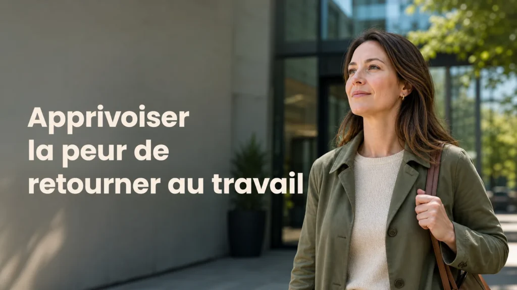 Un adulte prend une respiration posée devant un lieu de travail, retrouvant peu à peu sa confiance