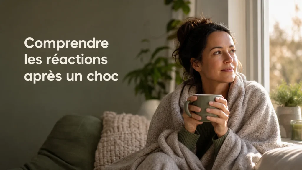 Un adulte enveloppé d'une couverture près d'une fenêtre, dans un moment calme et sécurisant
