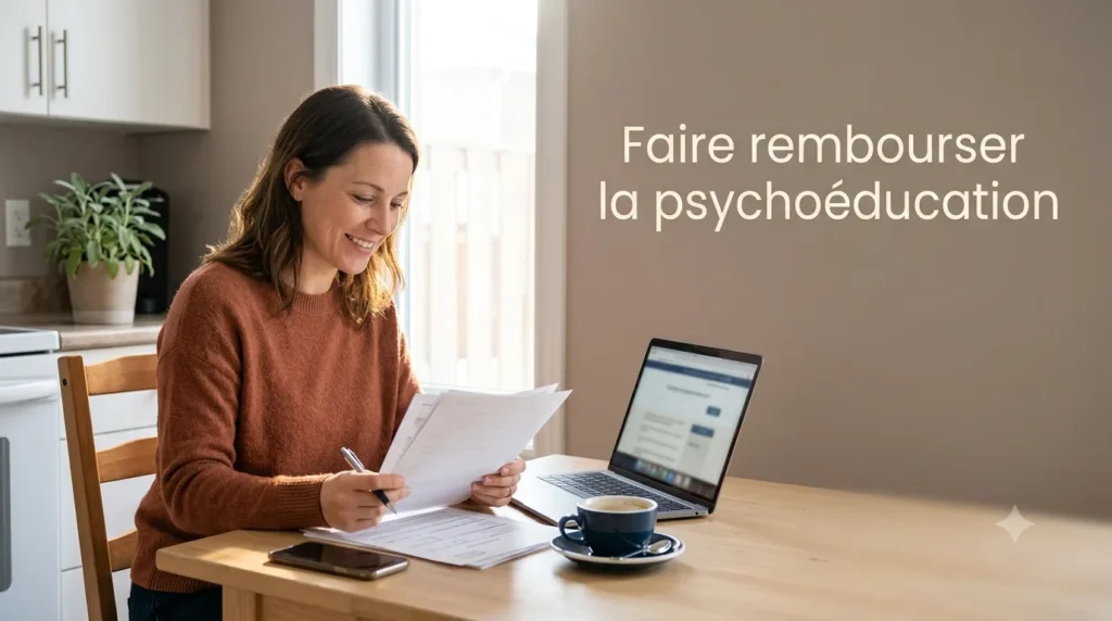 Un adulte révise calmement ses documents d'assurance à la maison, l'air rassuré