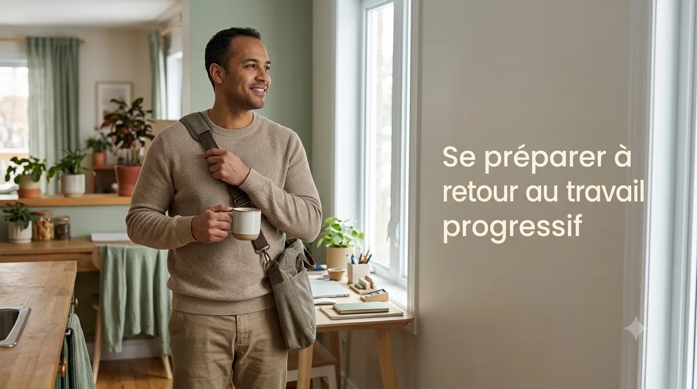 Un adulte confiant se prépare le matin avant un retour au travail, ambiance lumineuse et posée