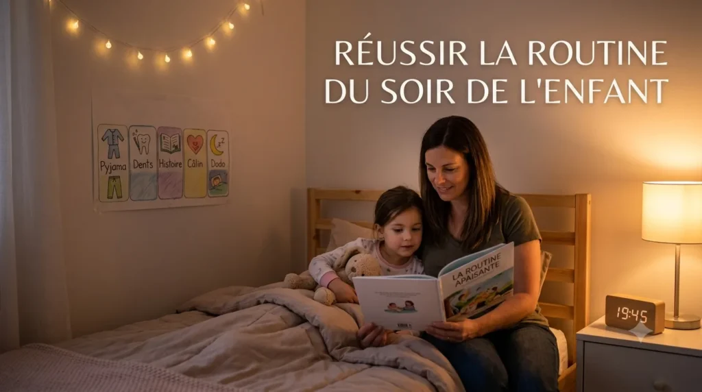 Parent et enfant vivant une routine du soir calme et rassurante avant le coucher