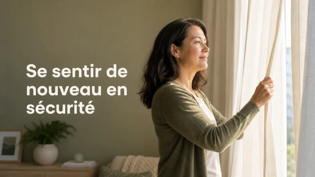 Un adulte serein ouvre les rideaux sur la lumière du matin, retrouvant un sentiment de sécurité