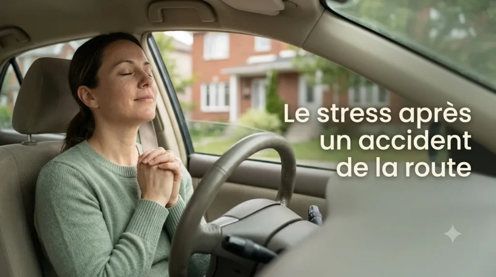 Un adulte pensif dans sa voiture stationnée, reprenant son calme après un accident de la route