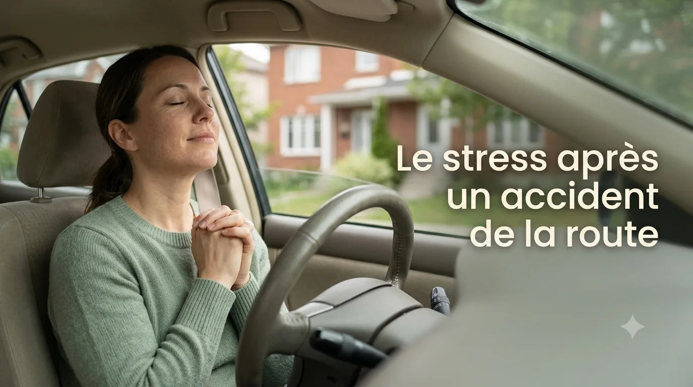 Un adulte pensif dans sa voiture stationnée, reprenant son calme après un accident de la route