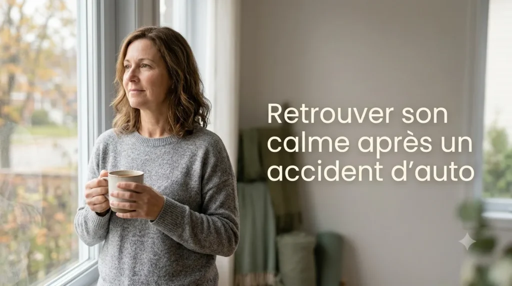 Un adulte regarde par une fenêtre, apaisé, après avoir traversé un stress post-traumatique