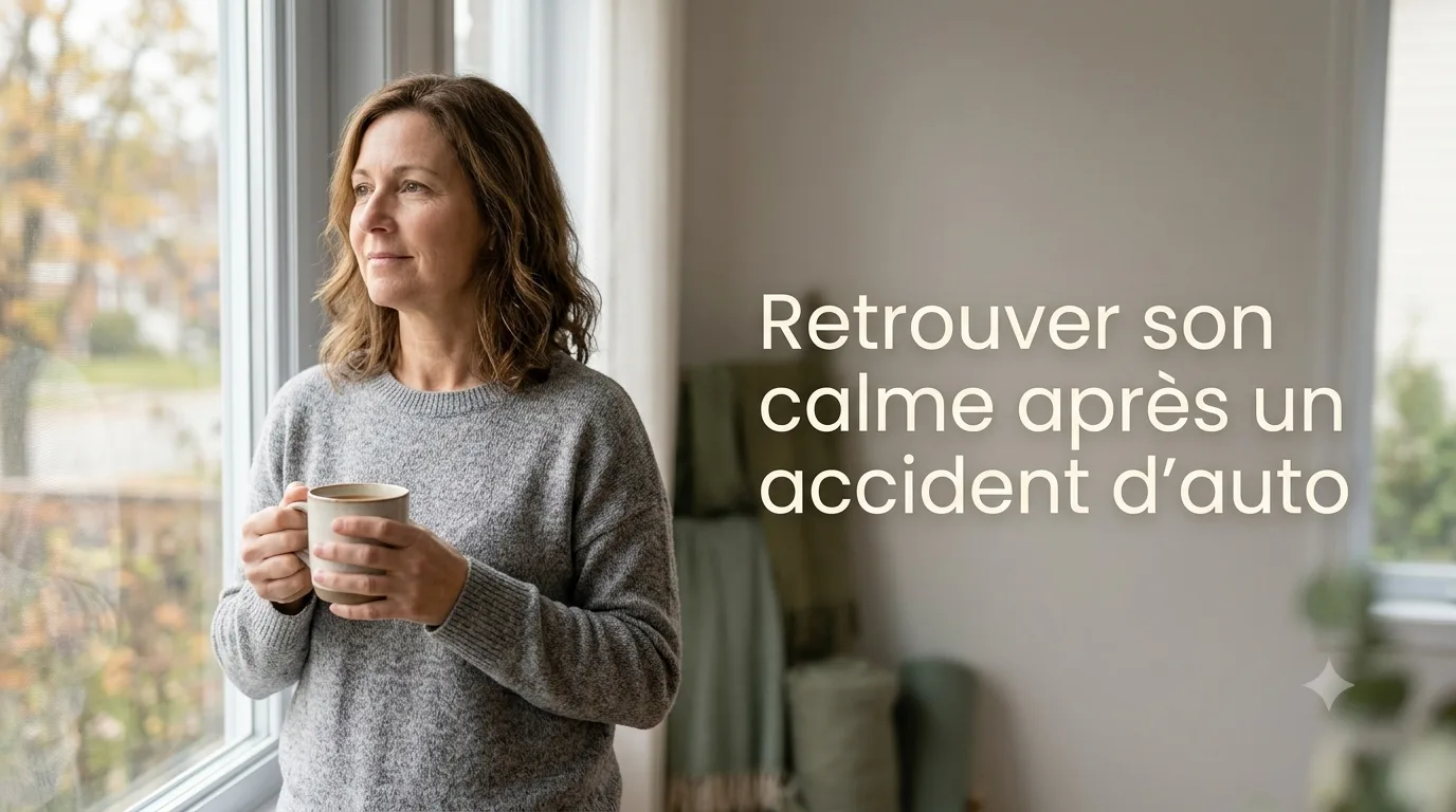 Un adulte regarde par une fenêtre, apaisé, après avoir traversé un stress post-traumatique